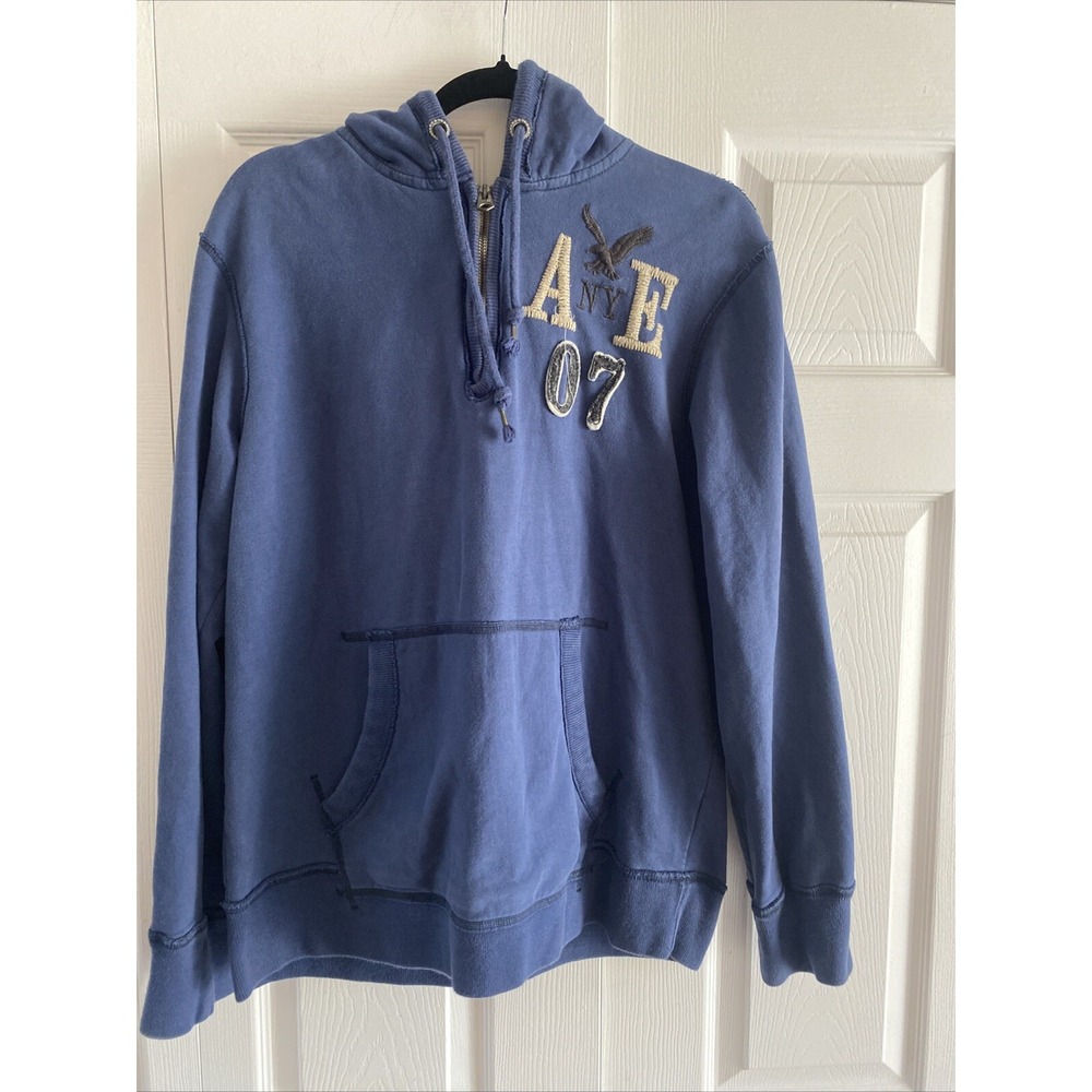 American Eagle Quarter Zip Hoodie Mens Size L Blue Vintage Thrashed Y2K Cotton